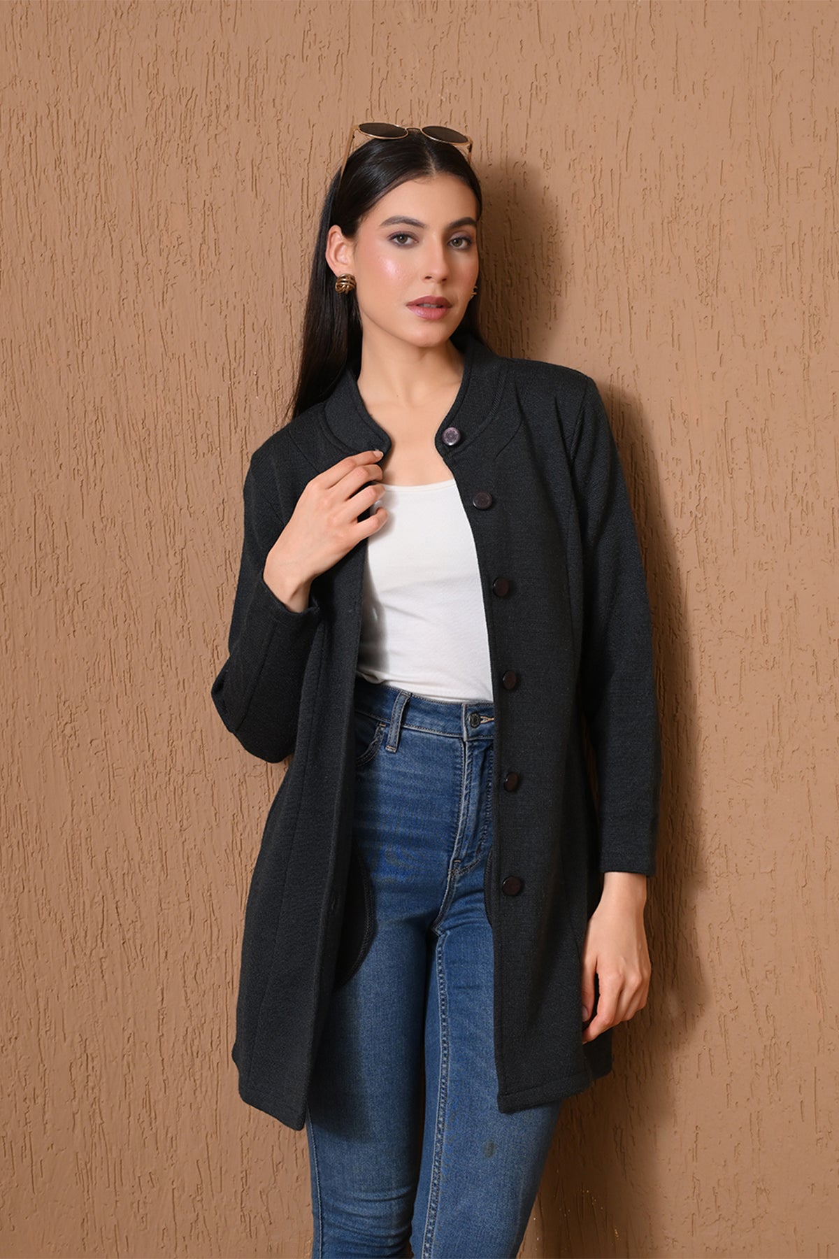 Winter Dark Grey Mock-Neck Longline Coat