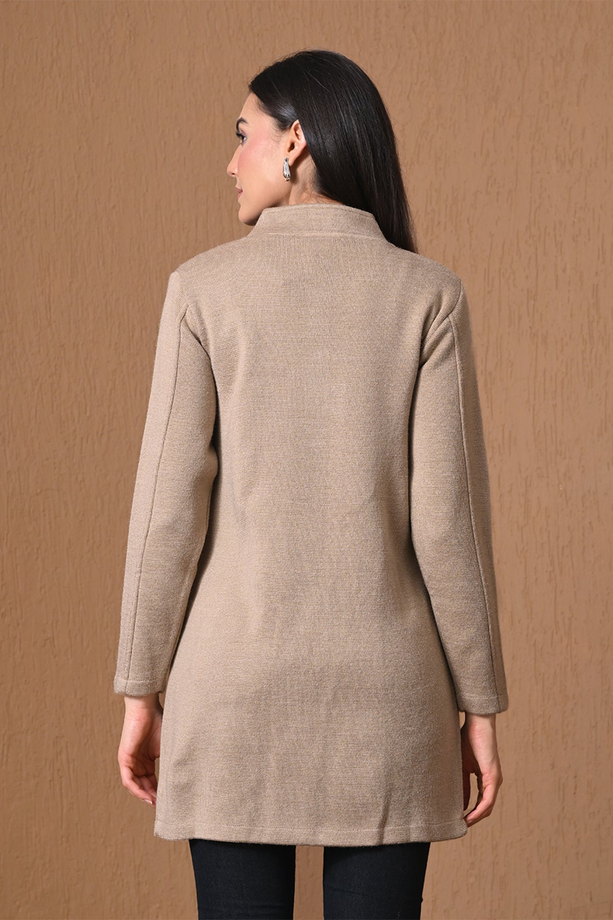 Winter Beige Mock-Neck Longline Coat