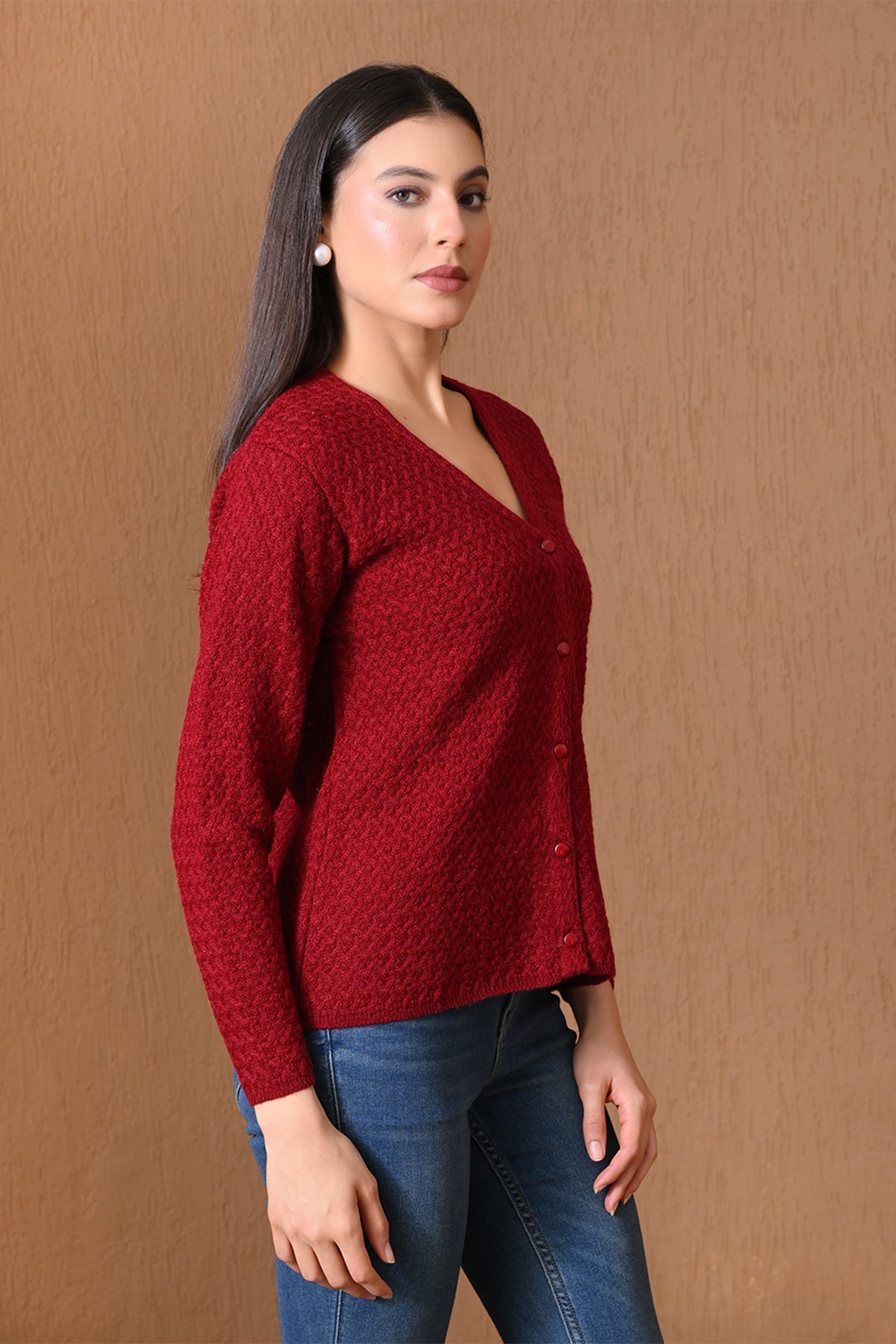 Winter Crimson Maroon Honeycomb Knitted Cardigan