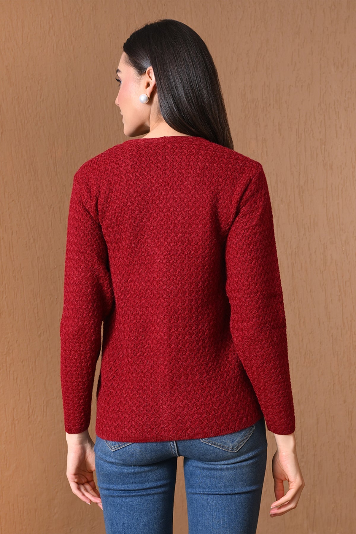 Winter Crimson Maroon Honeycomb Knitted Cardigan