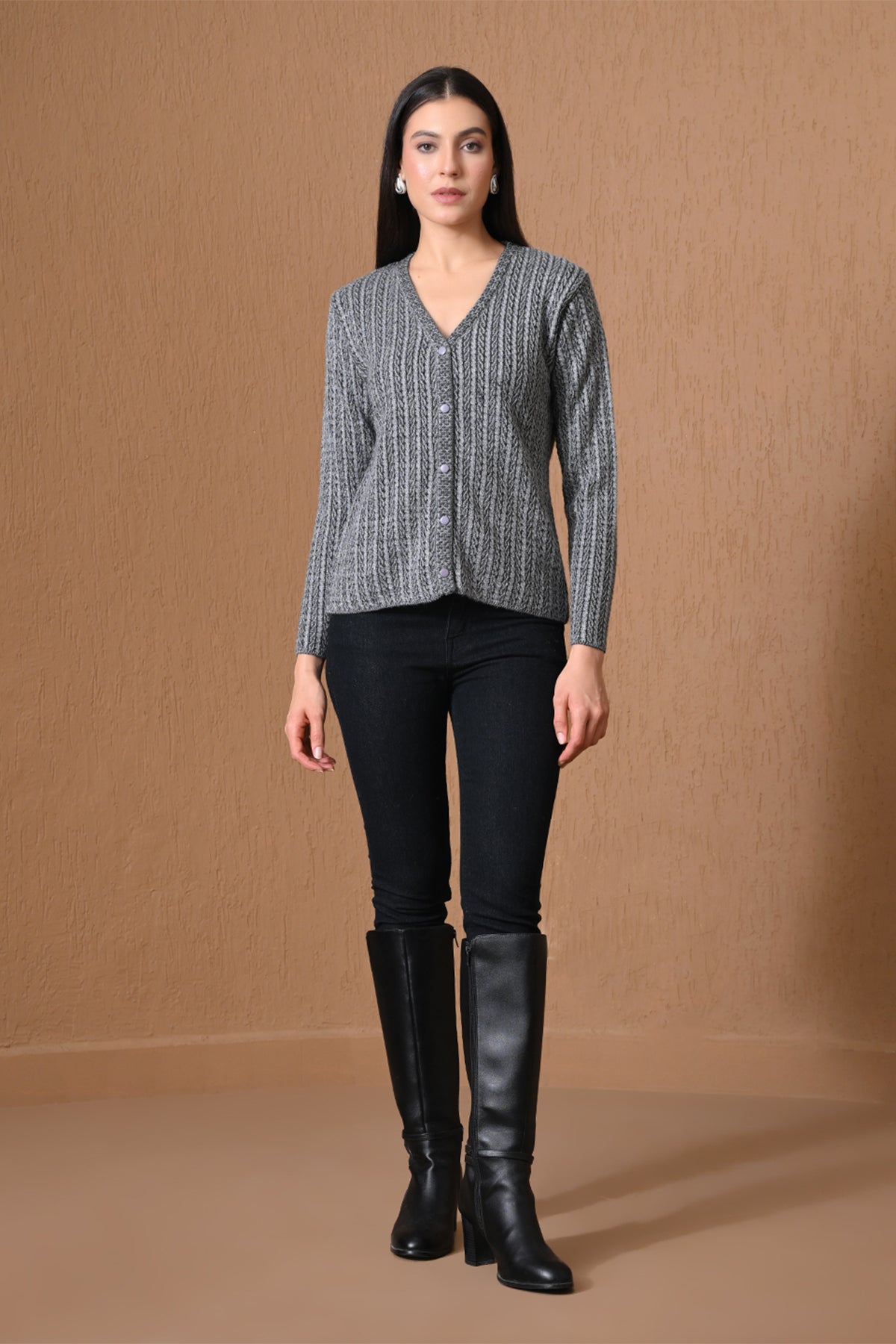 Winter Grey Cable Knitted Cardigan