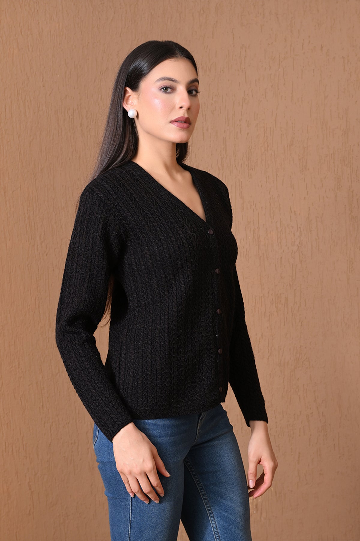 Winter Black Textured Knitted Cardigan