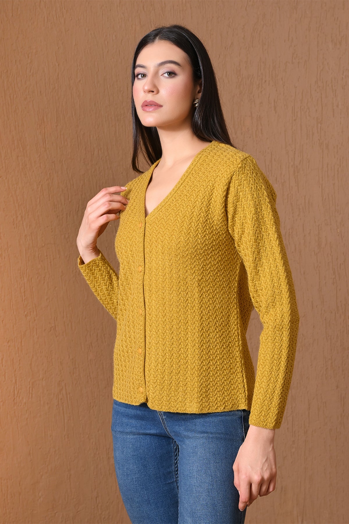 Winter Mustard Yellow Chevron Knitted Cardigan