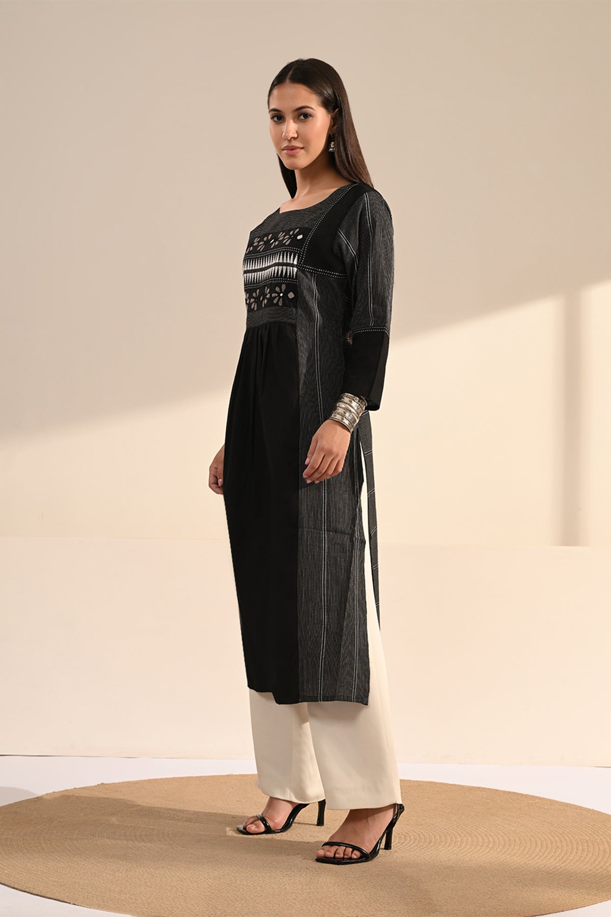Black Ikat & Mirror Work A-line Cotton Kurta