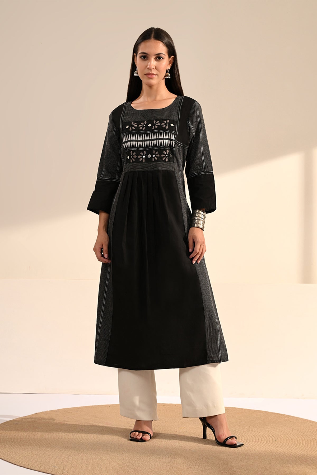 Black Ikat & Mirror Work A-line Cotton Kurta