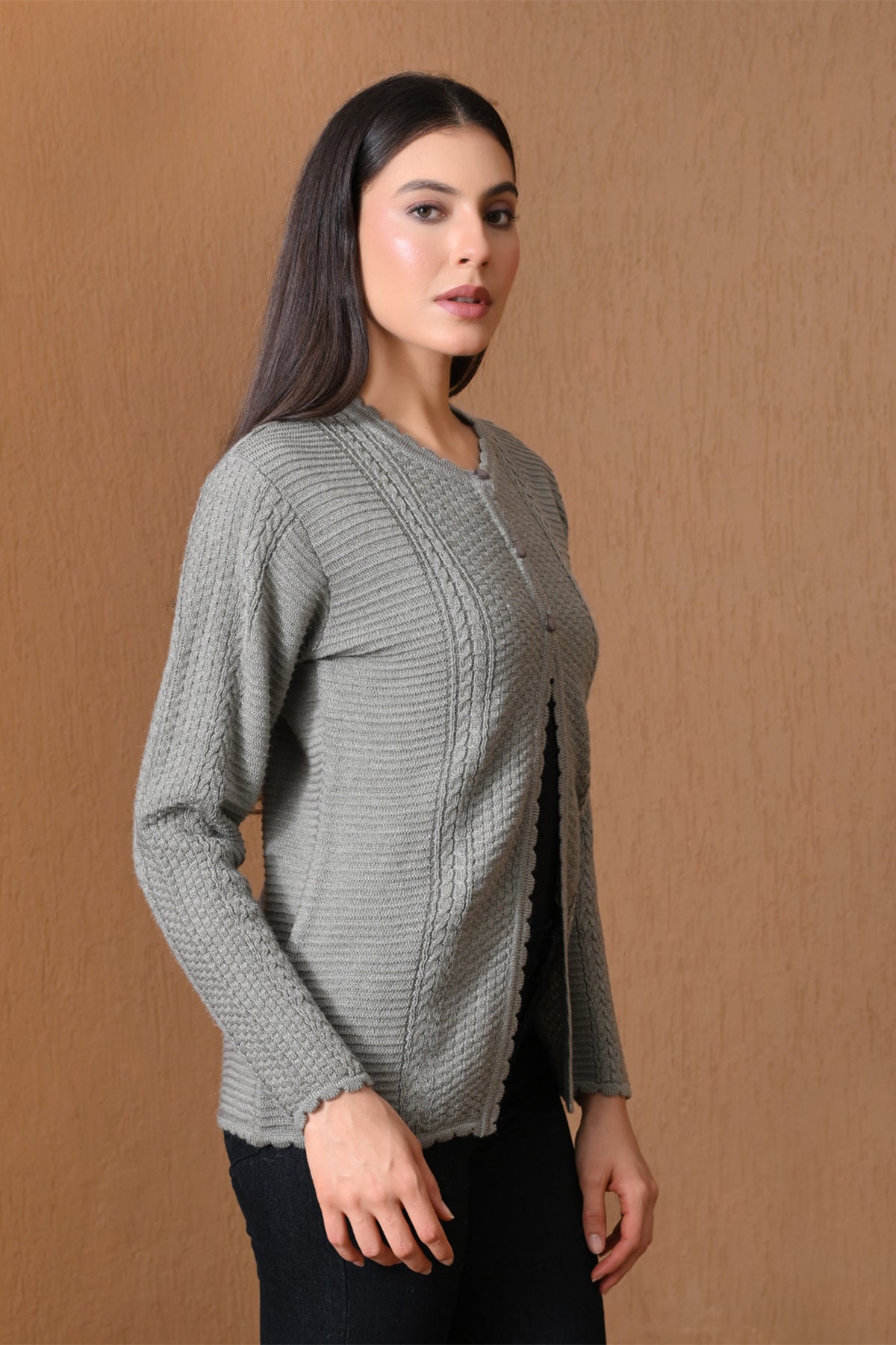Winter Grey Scalloped-Trim Mixed Knitted Cardigan