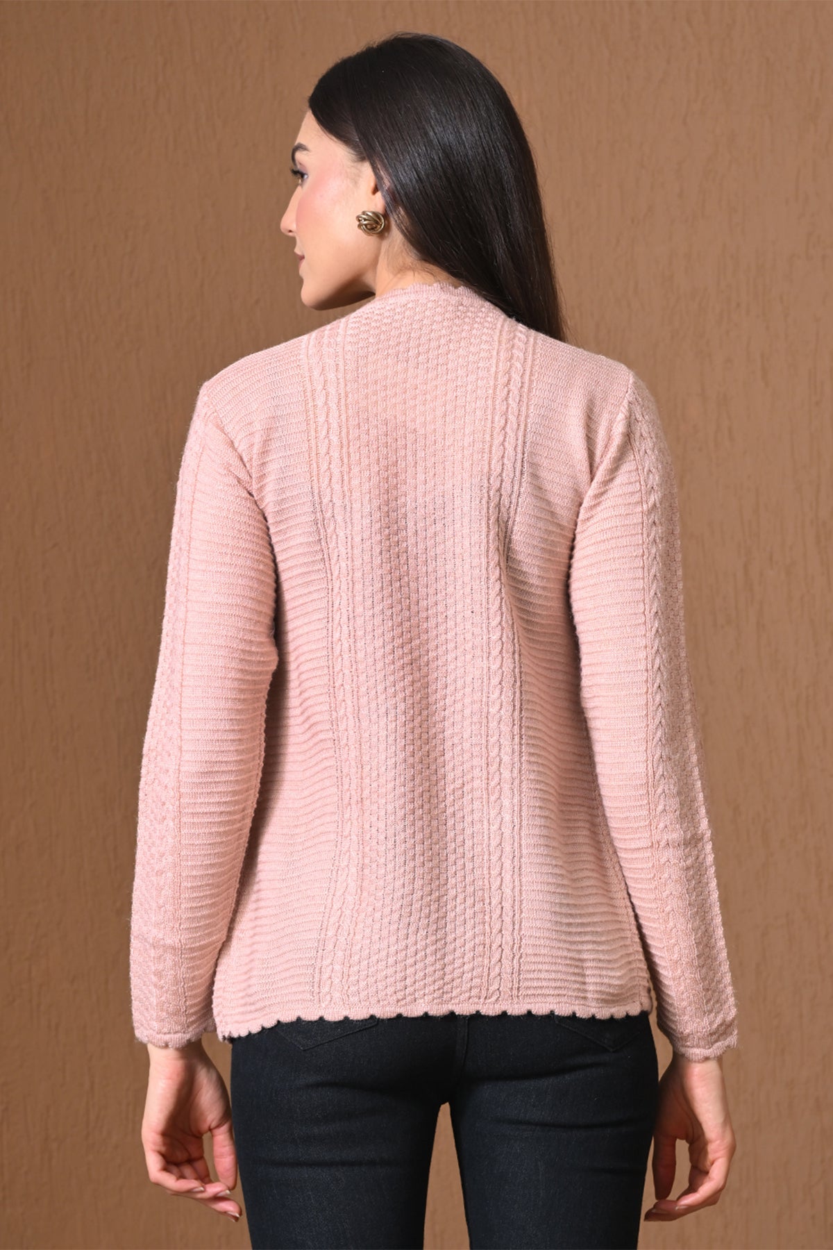Winter Light Pink Scalloped-Trim Knitted Cardigan