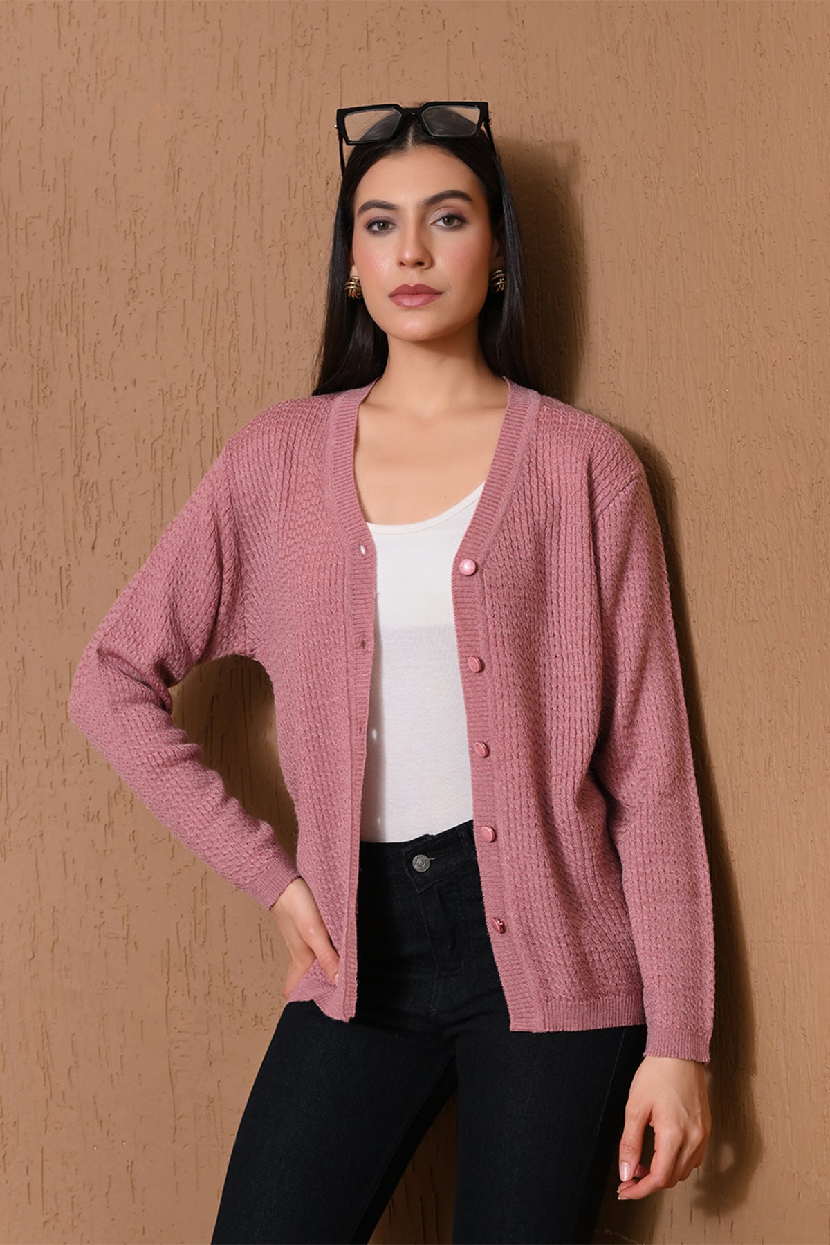 Winter Pink Waffle Knitted Cardigan