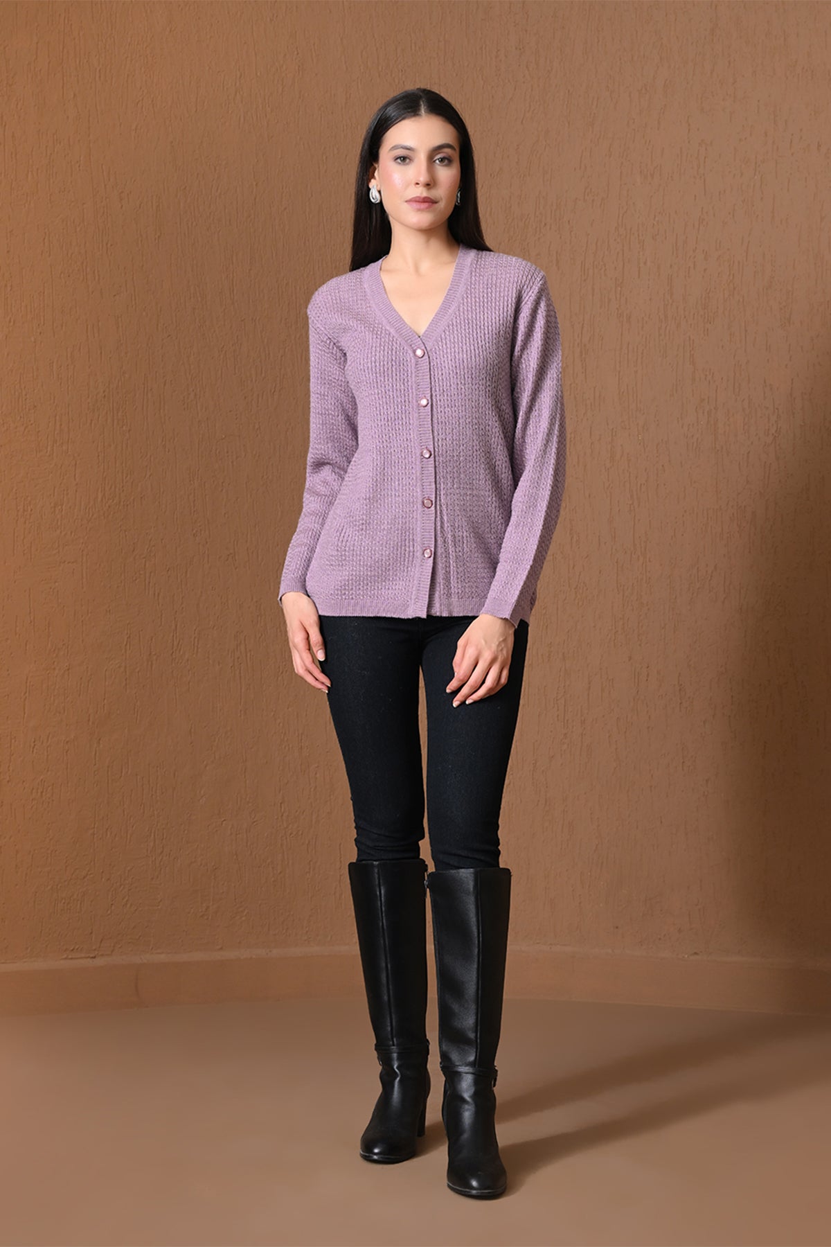 Winter Purple Waffle Knitted Cardigan