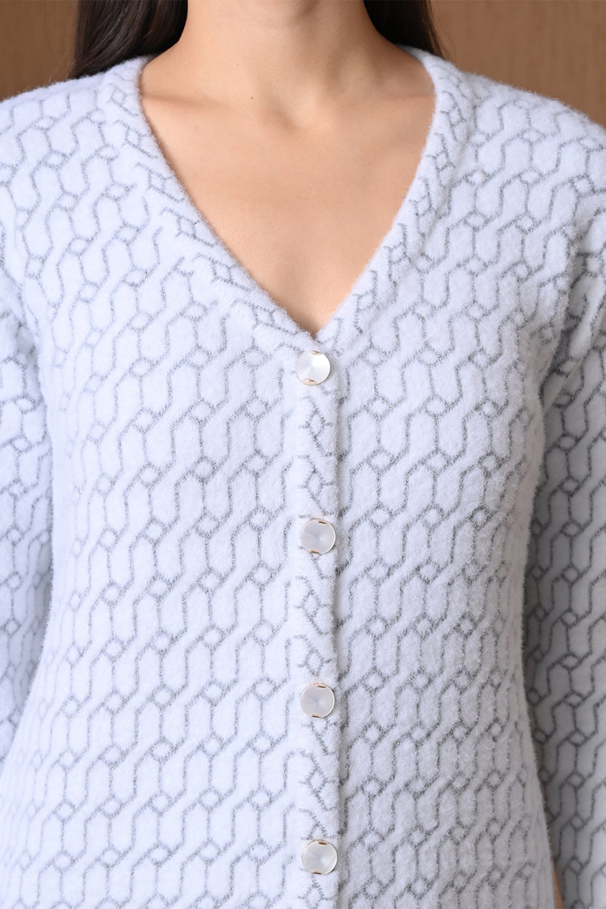 Winter White Geometric Pattern Cardigan