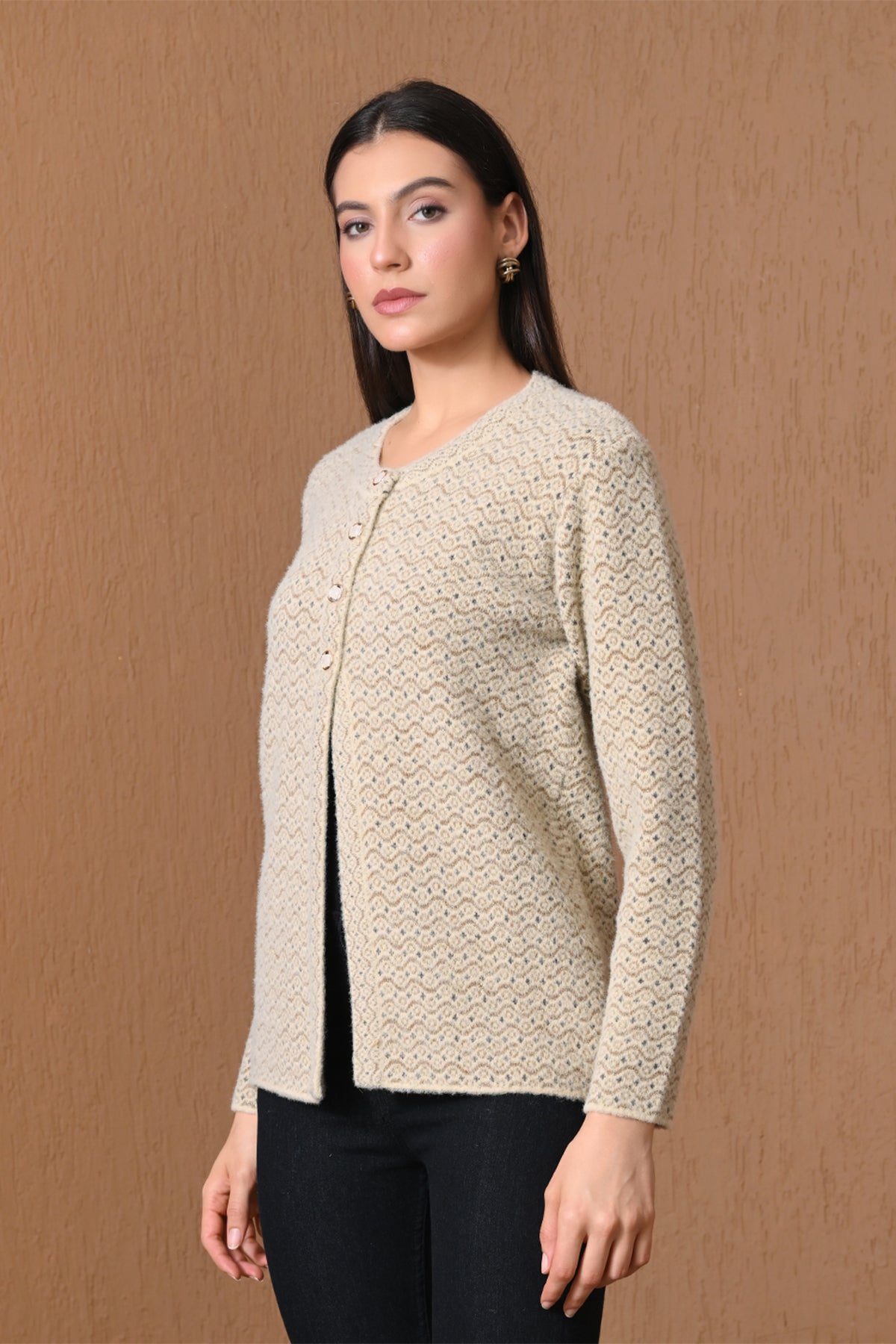Winter Beige Textured Wave Knitted Cardigan