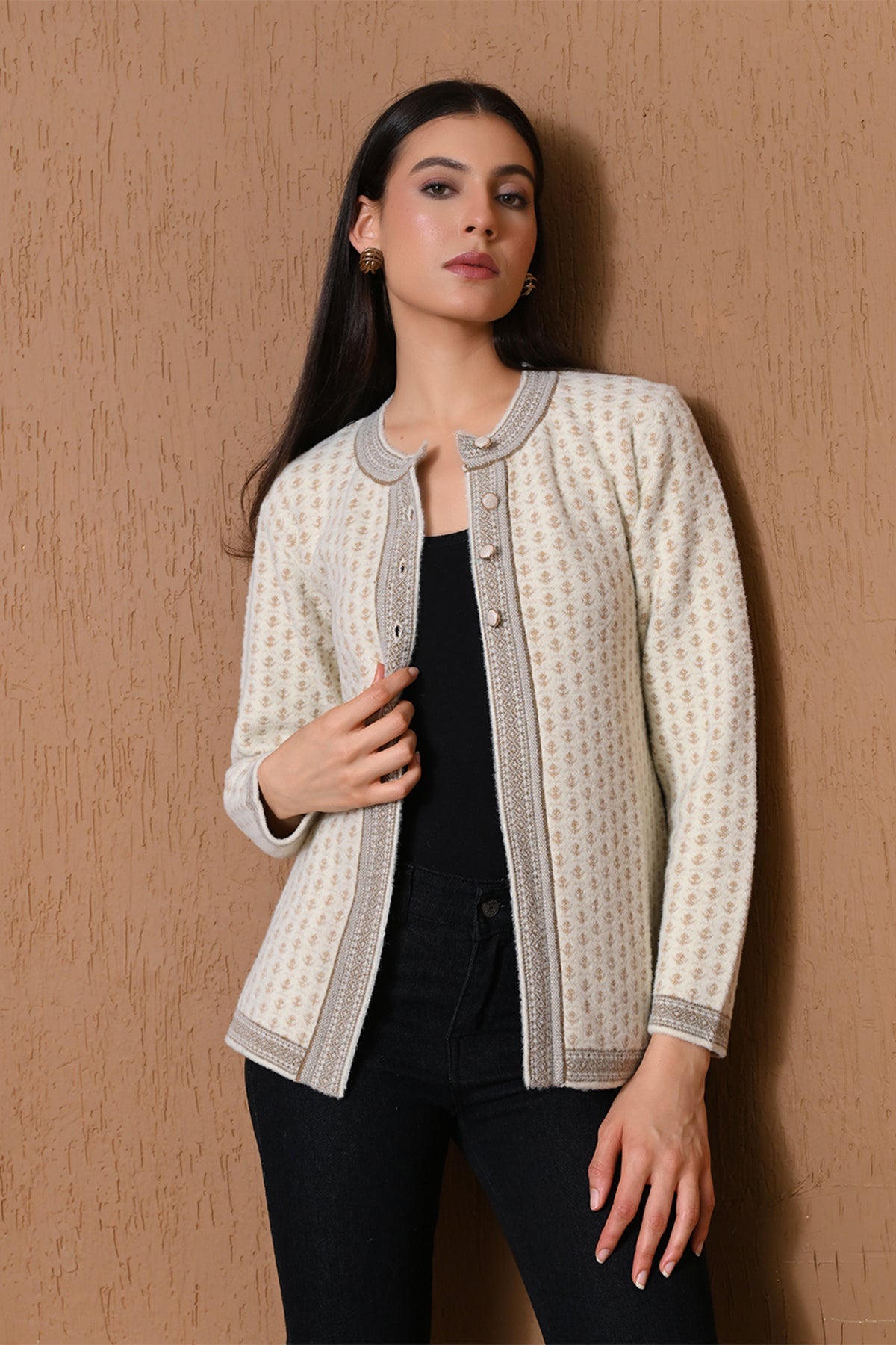 Winter Cream Embroidered Knitted Cardigan