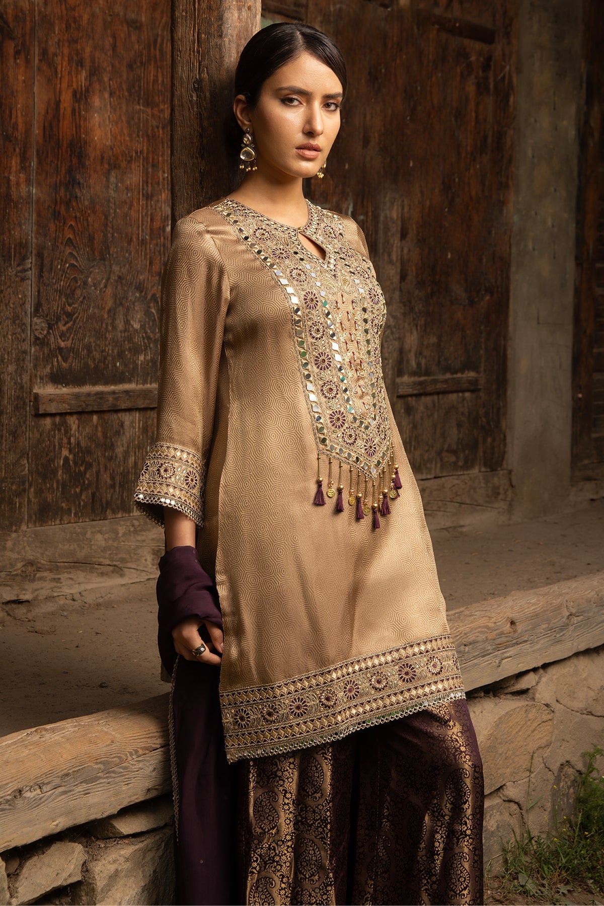 Metallic Beige Mirror Embellished 3 Pcs Kurta Set