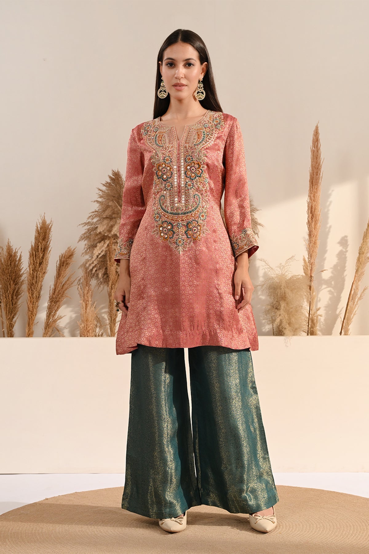 Peach Metallic Tissue Sequin A-Line Kurta Set