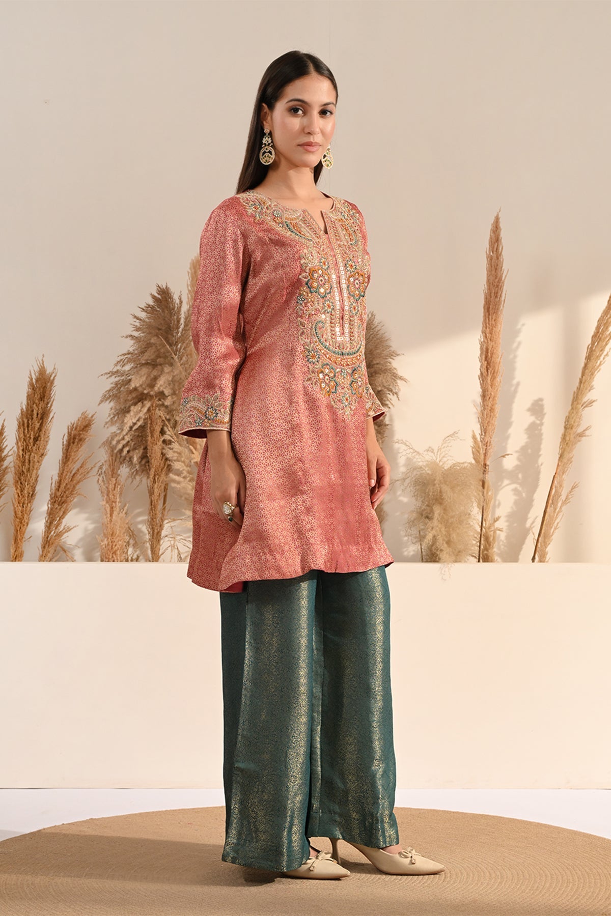 Peach Metallic Tissue Sequin A-Line Kurta Set