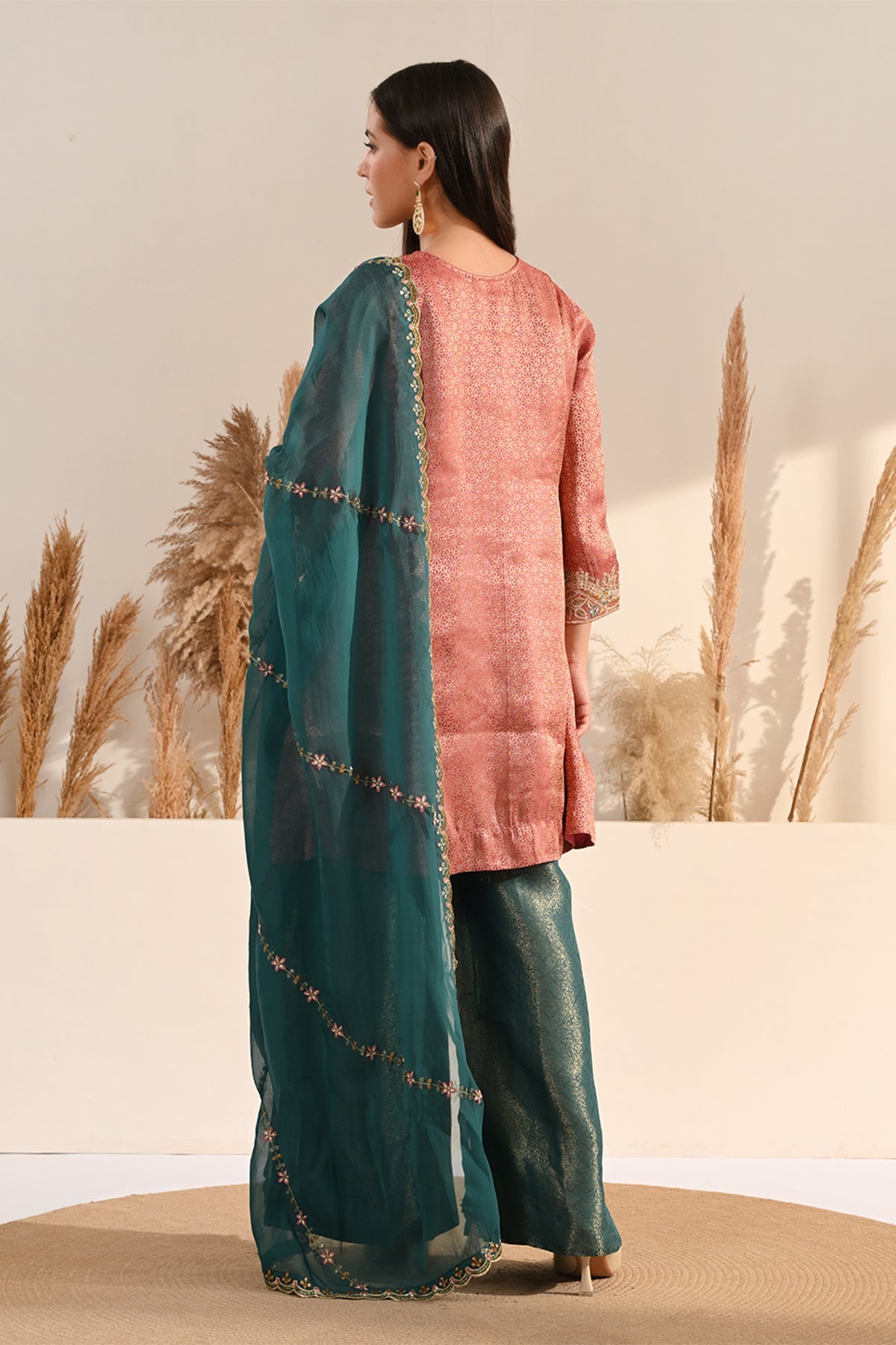 Peach Metallic Tissue Sequin A-Line Kurta Set
