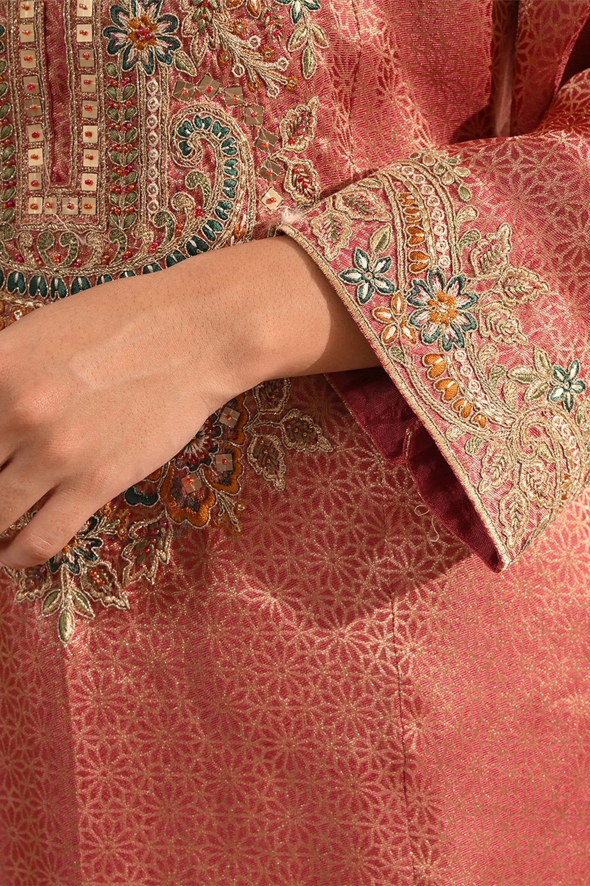 Peach Metallic Tissue Sequin A-Line Kurta Set