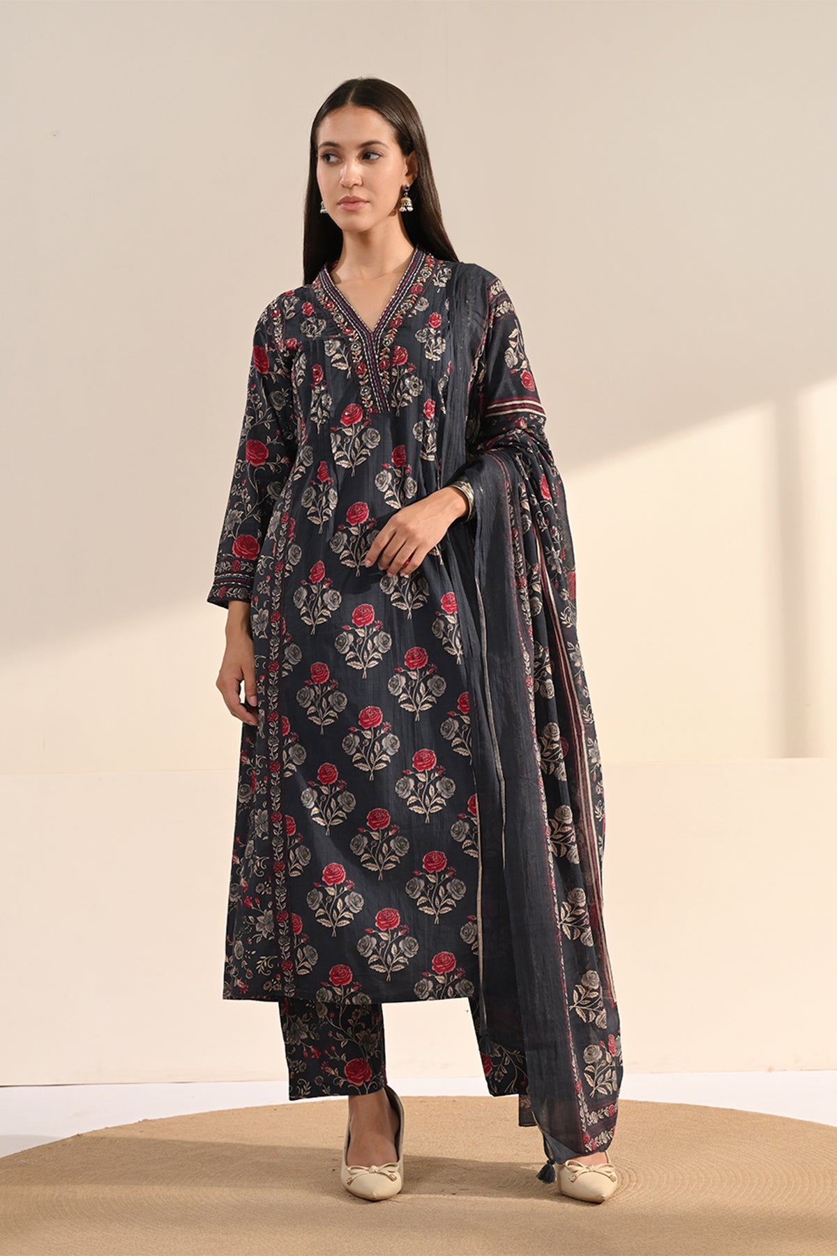 Blue Floral Printed 3 Pcs Kurta Set