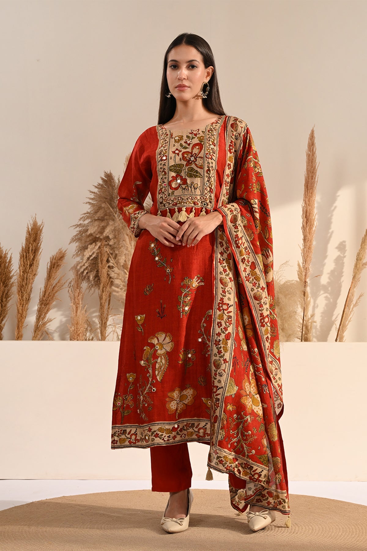 Rust Kalamkari Printed 3 Pcs Kurta Set