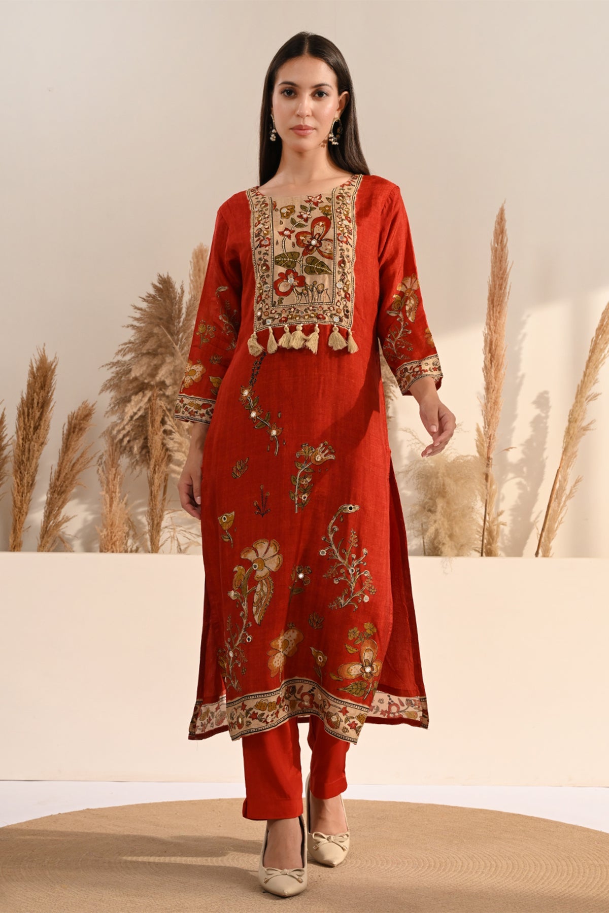 Rust Kalamkari Printed 3 Pcs Kurta Set