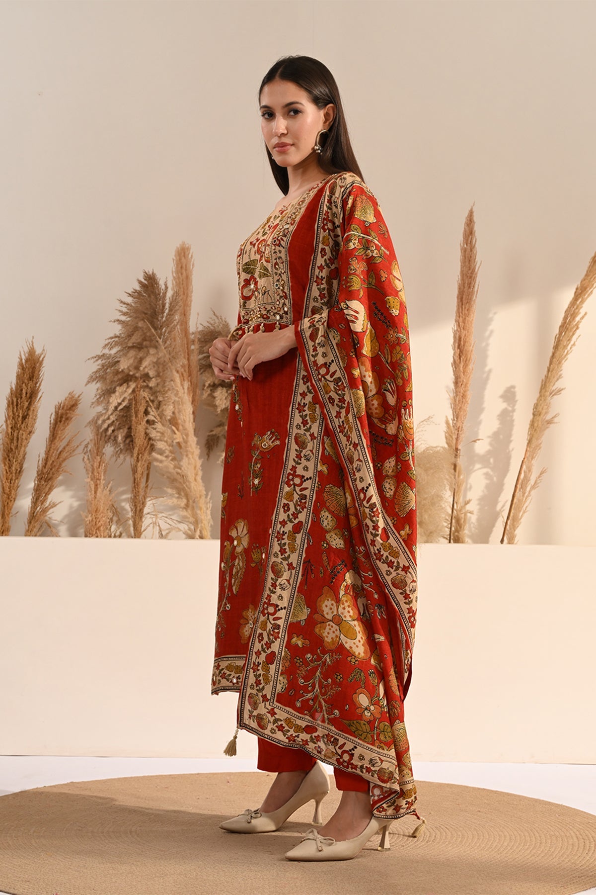 Rust Kalamkari Printed 3 Pcs Kurta Set