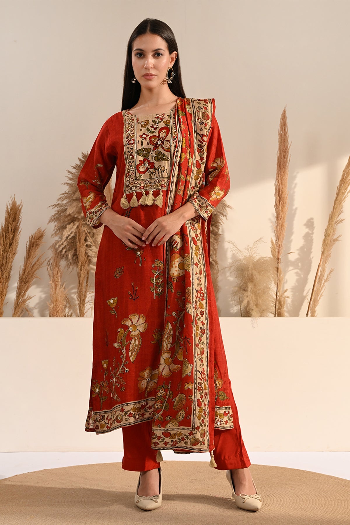 Rust Kalamkari Printed 3 Pcs Kurta Set