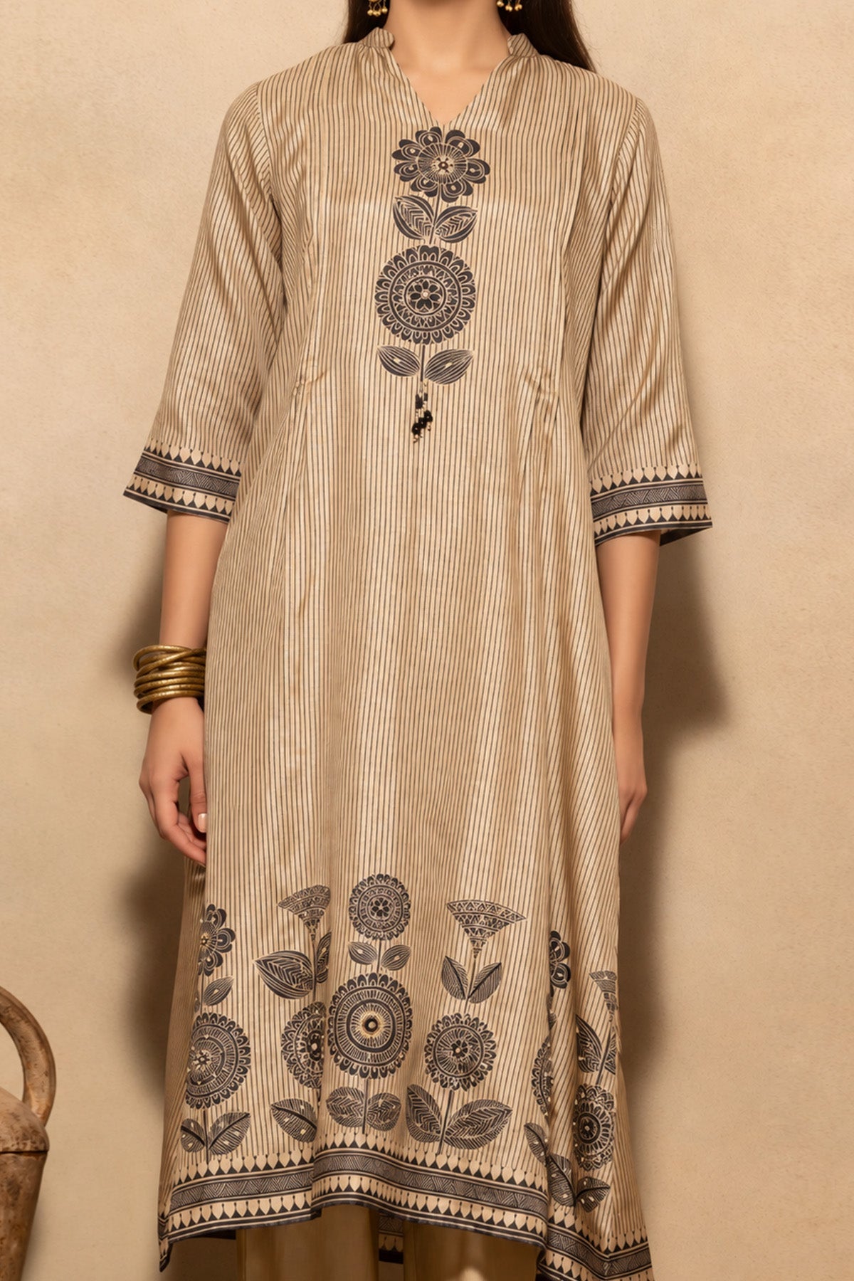 Beige Block Printed A-line 3 Pcs Kurta Set