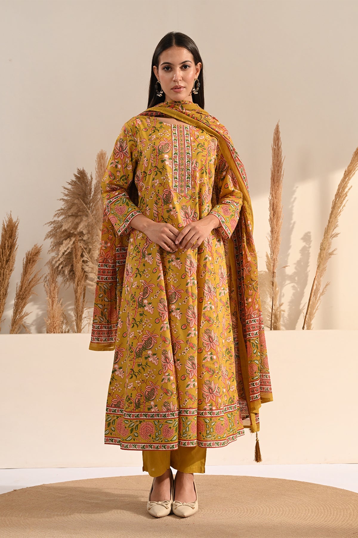 Mustard Sanganeri Floral Printed A-Line 3 Pcs Kurta Set