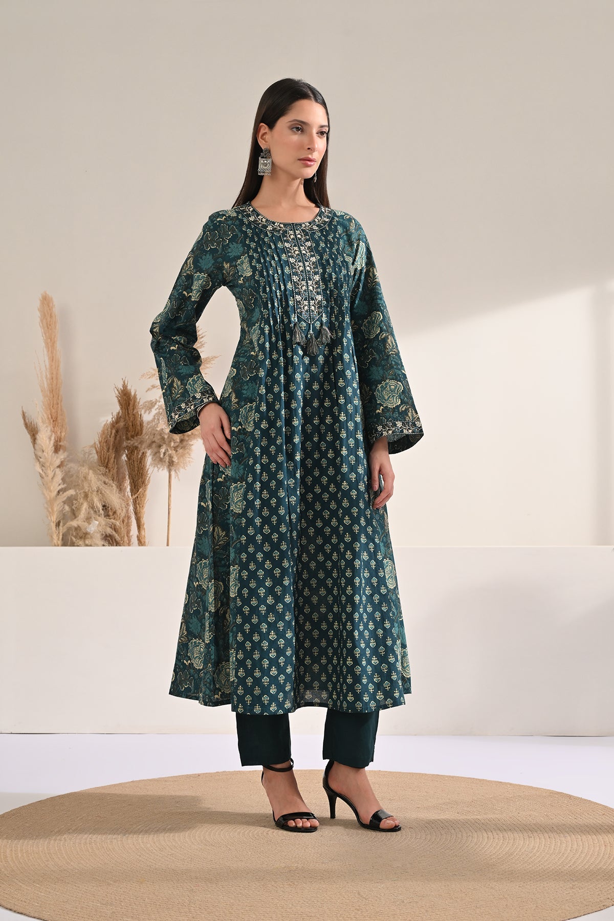 Teal Printed Flared Kurta 3 Pcs Set