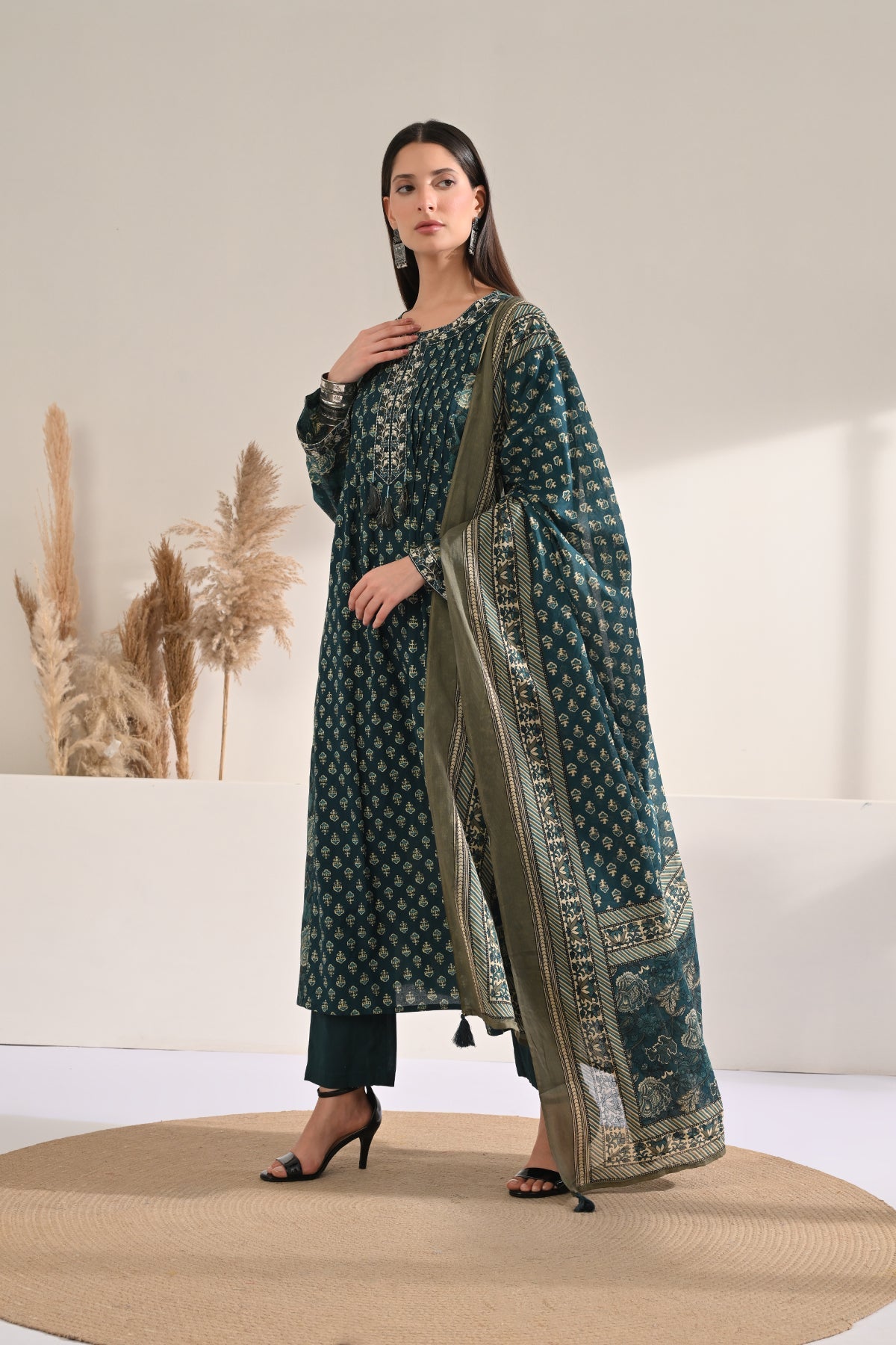 Teal Printed Flared Kurta 3 Pcs Set