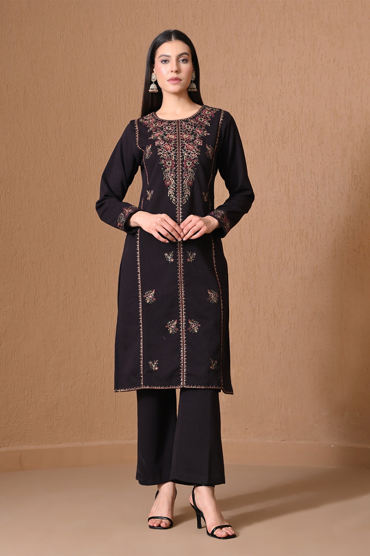 Winter Black Floral Embroidered Kurta 3 Pcs Set