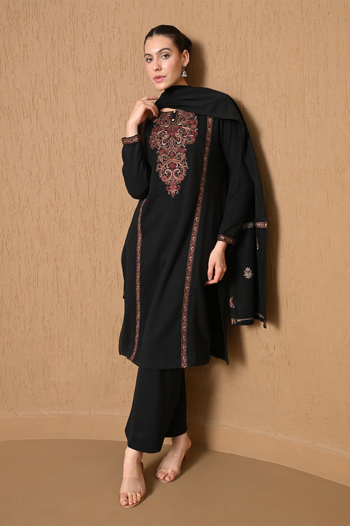 Winter Black Embroidered Woven Kurta 3 Pcs Set