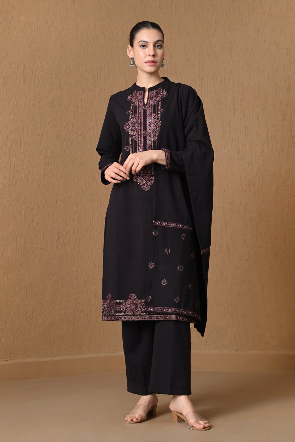 Winter Regal Wine Embroidered Woven Kurta 3 Pcs Set