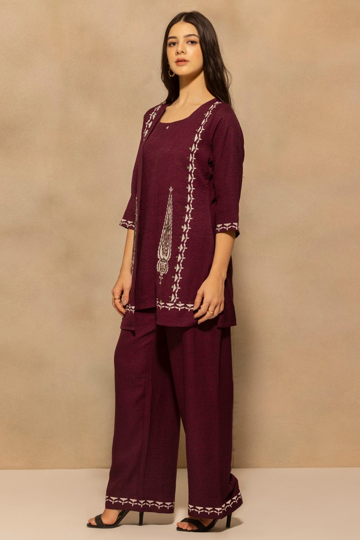 Wine Plum Printed With Stone Embellishments Co-Ord Set