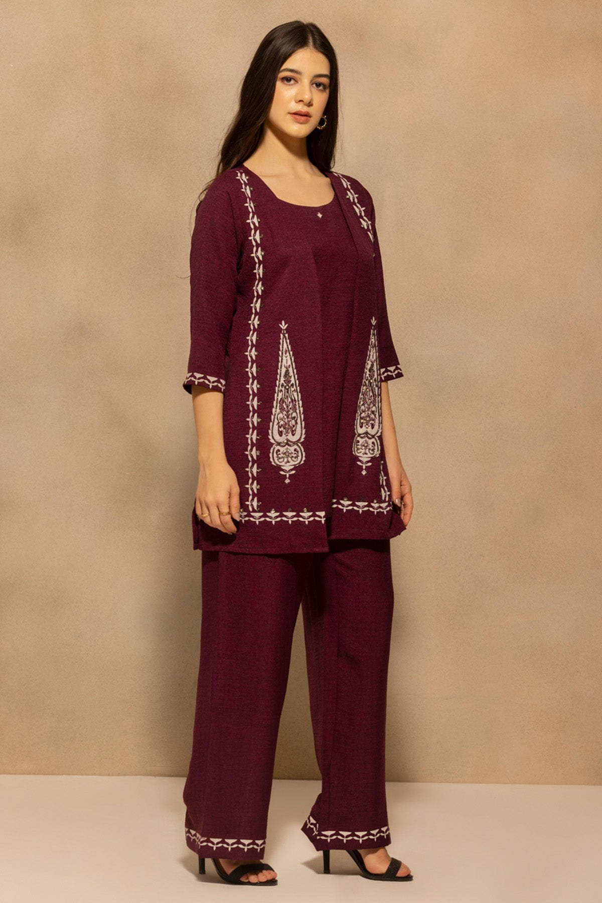 Wine Plum Printed With Stone Embellishments Co-Ord Set