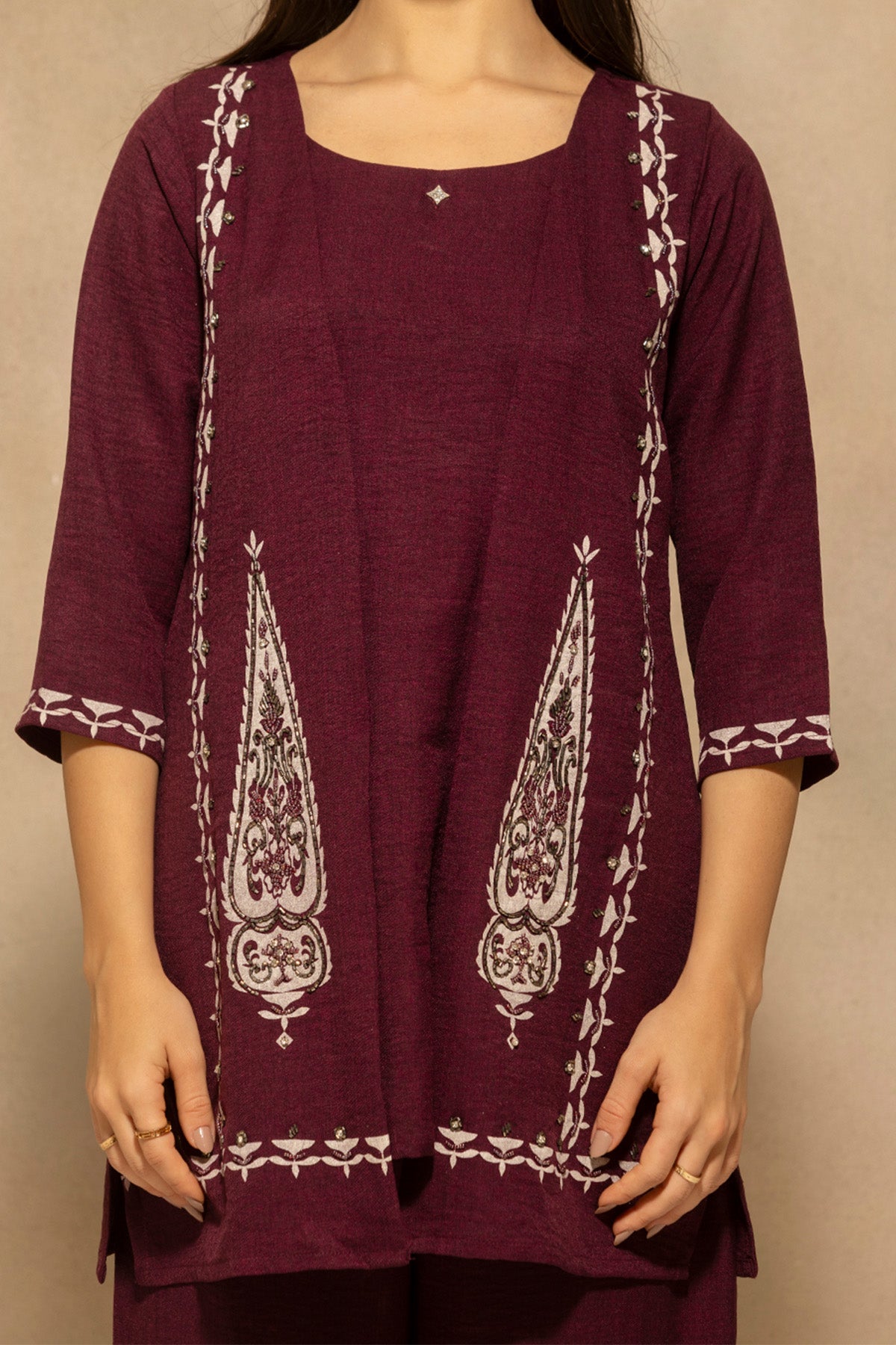 Wine Plum Printed With Stone Embellishments Co-Ord Set