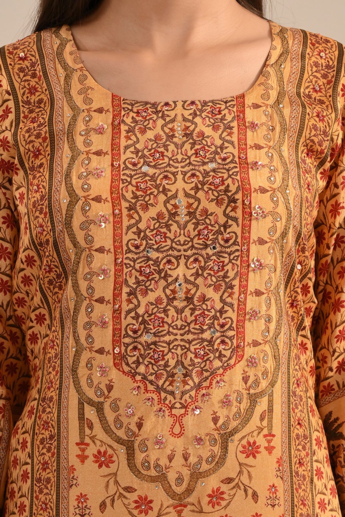 Beige Kalamkari Printed 3 Pcs Kurta Set