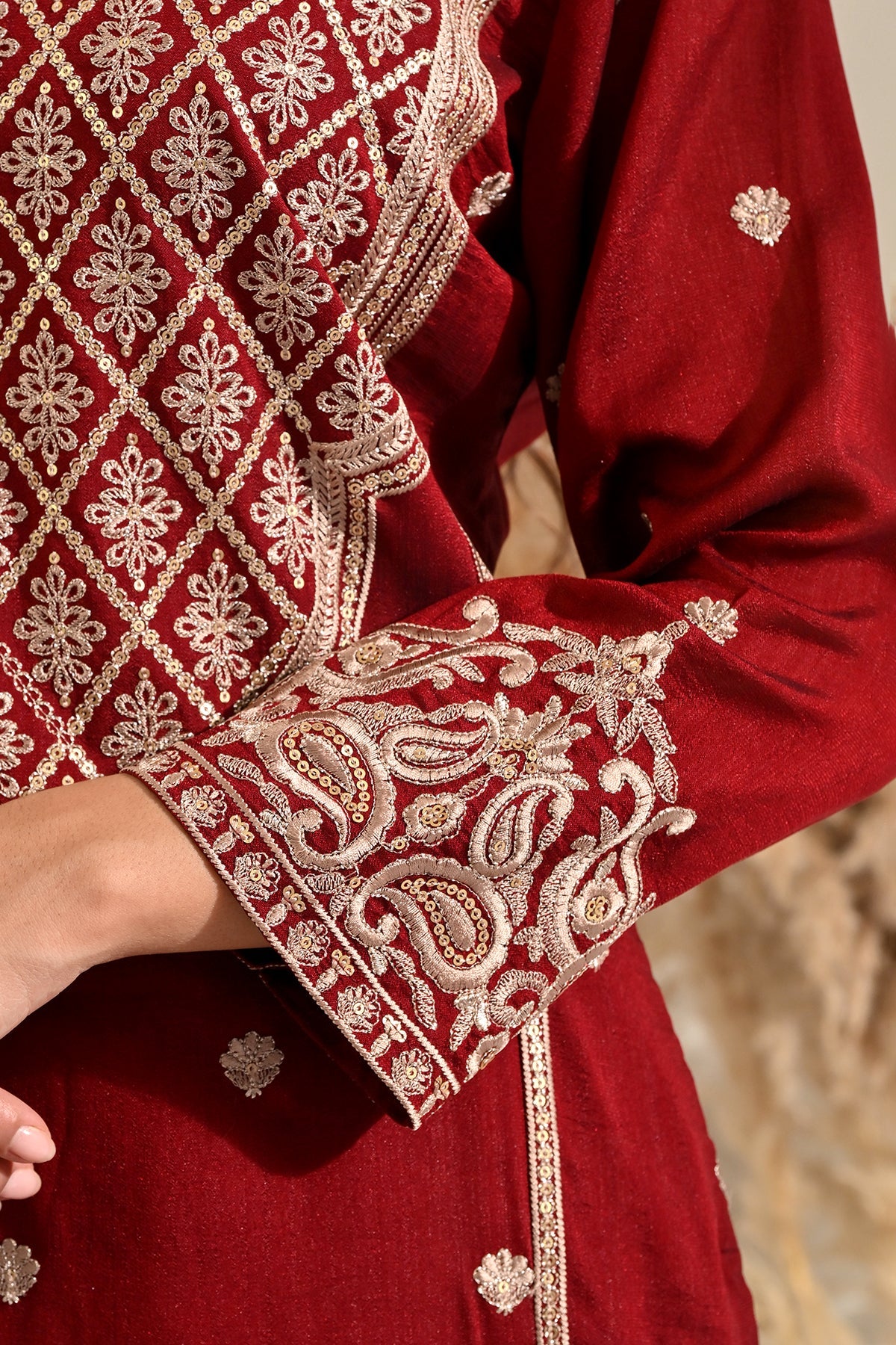 Maroon Hand-Embroidered 3 Pcs Kurta Set
