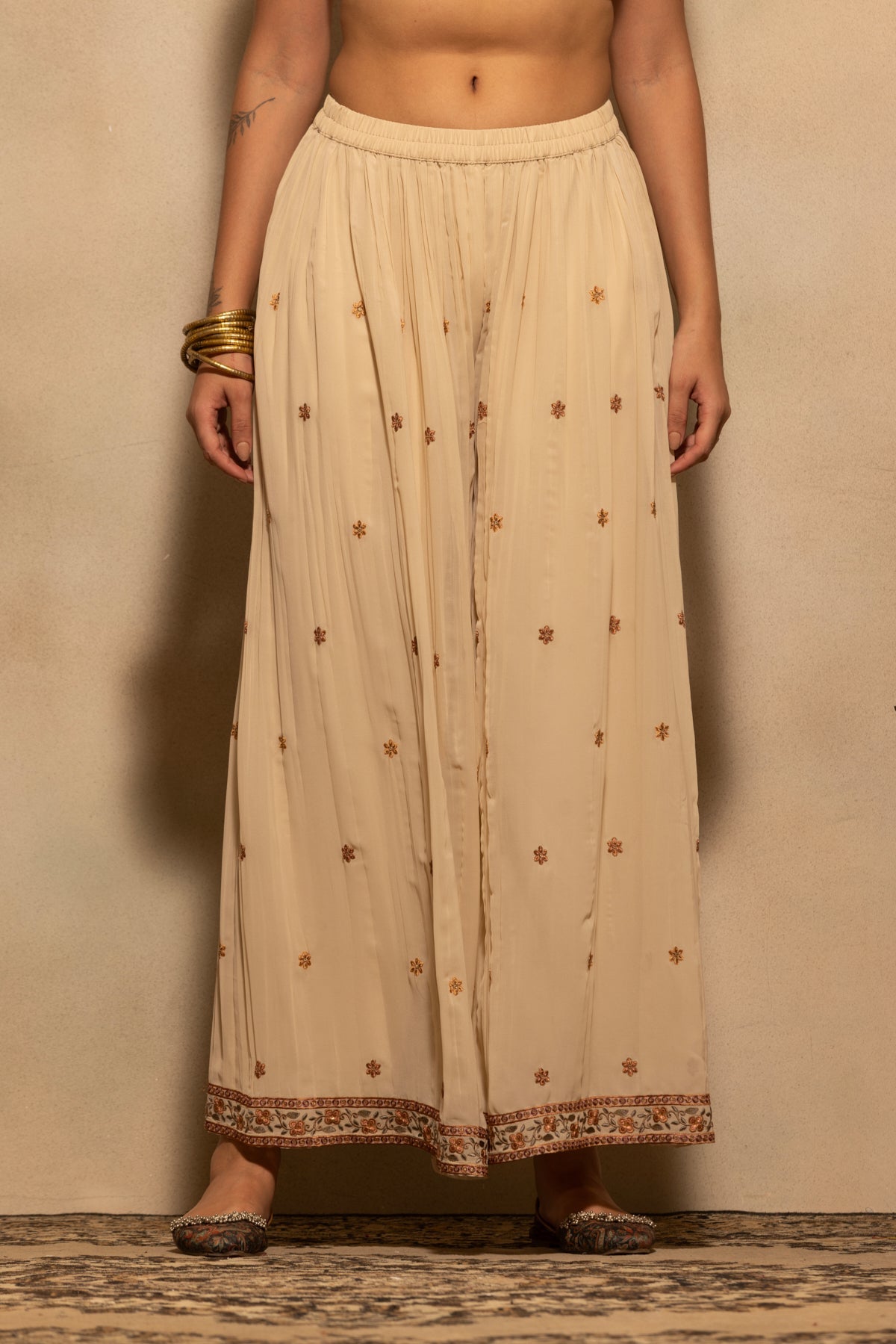 Fawn Floral Embroidered Kurta 3 Pcs Set