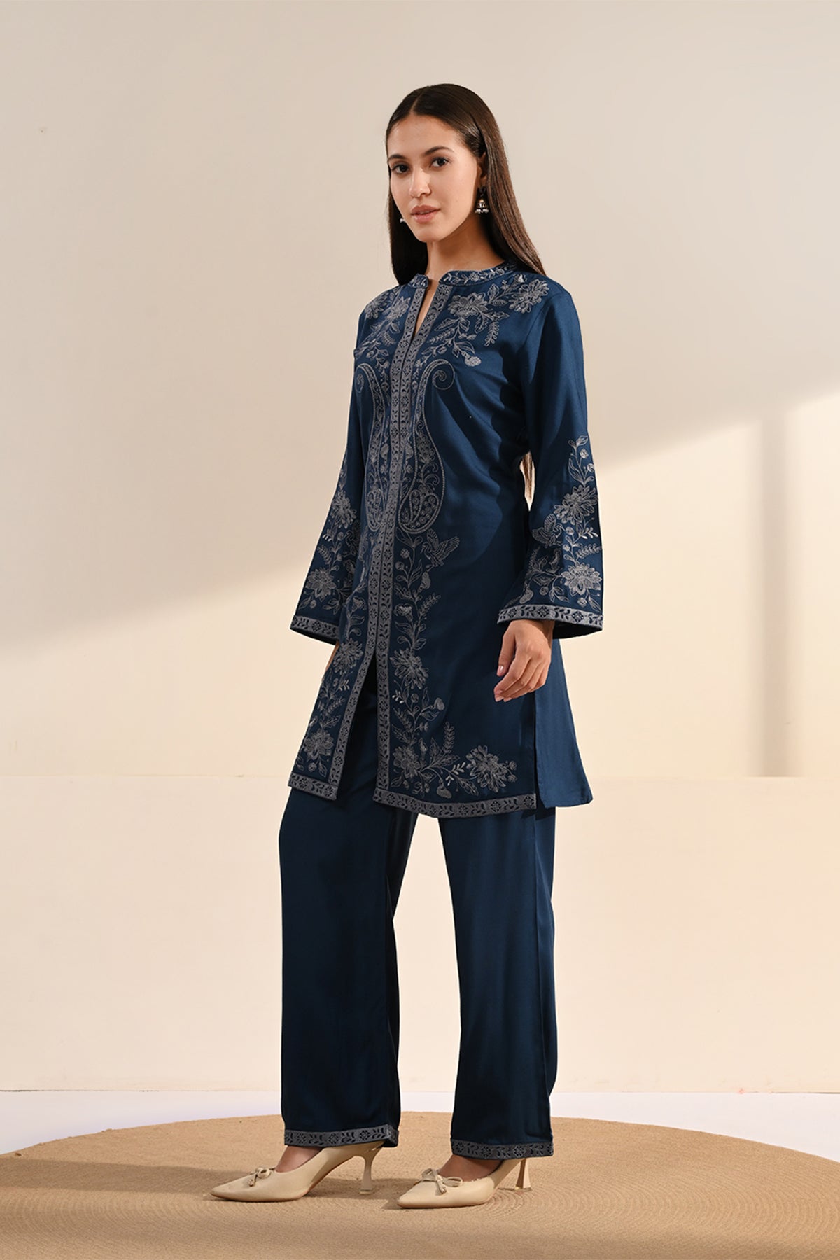 Blue Floral Thread Embroidered Co-Ord Set