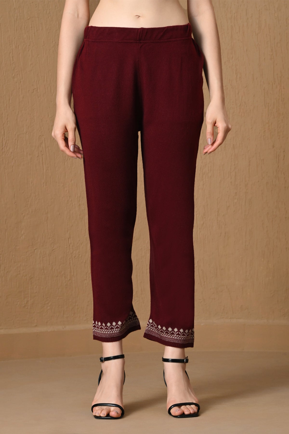 Winter Maroon Jacquard Knitted Kurta 3 Pcs Set