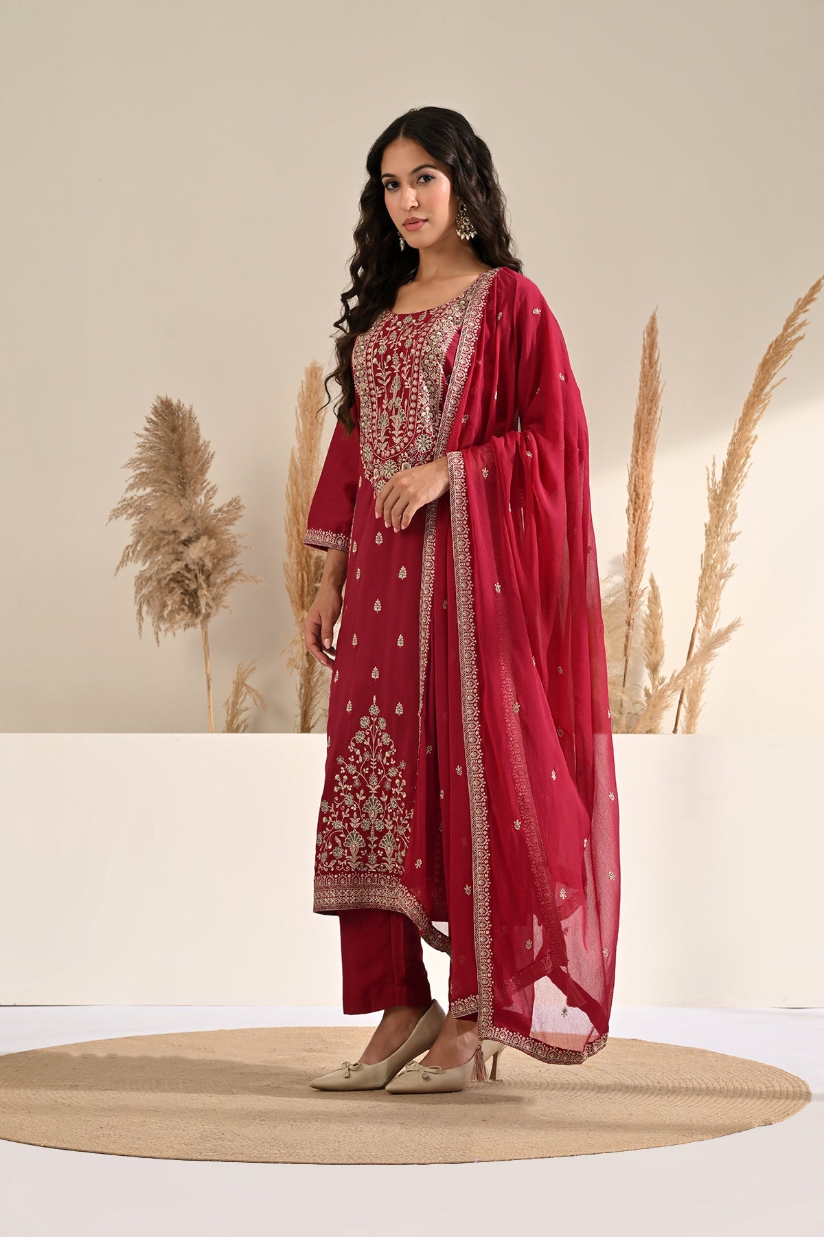 Hot Pink Hand-Embroidered 3 Pcs Kurta Set