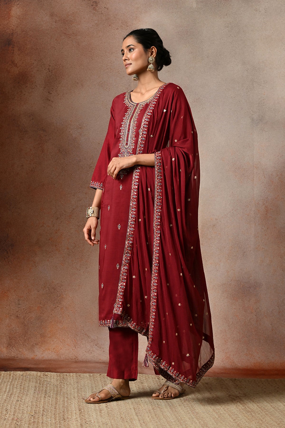 Maroon Zari Embroidered 3 Pcs Kurta Set