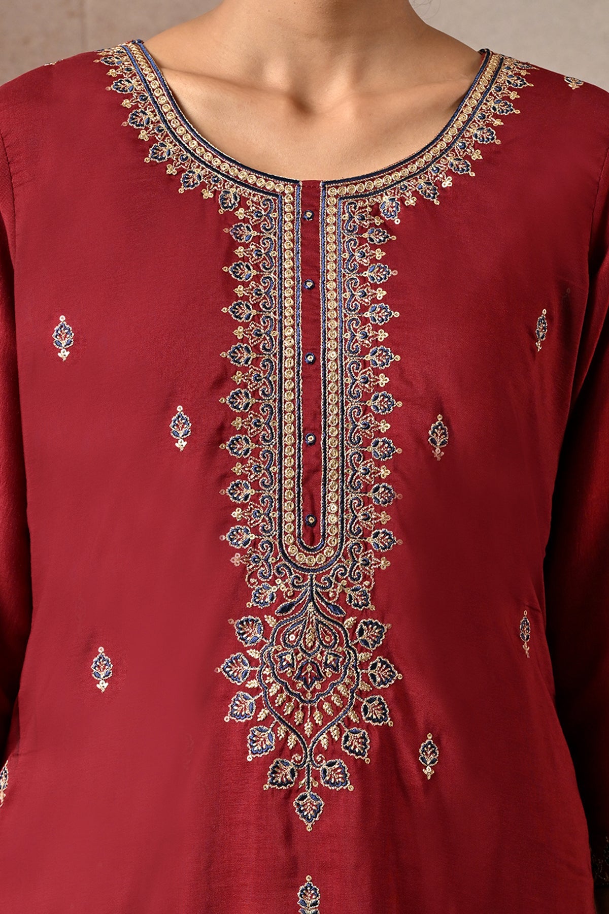 Maroon Zari Embroidered 3 Pcs Kurta Set