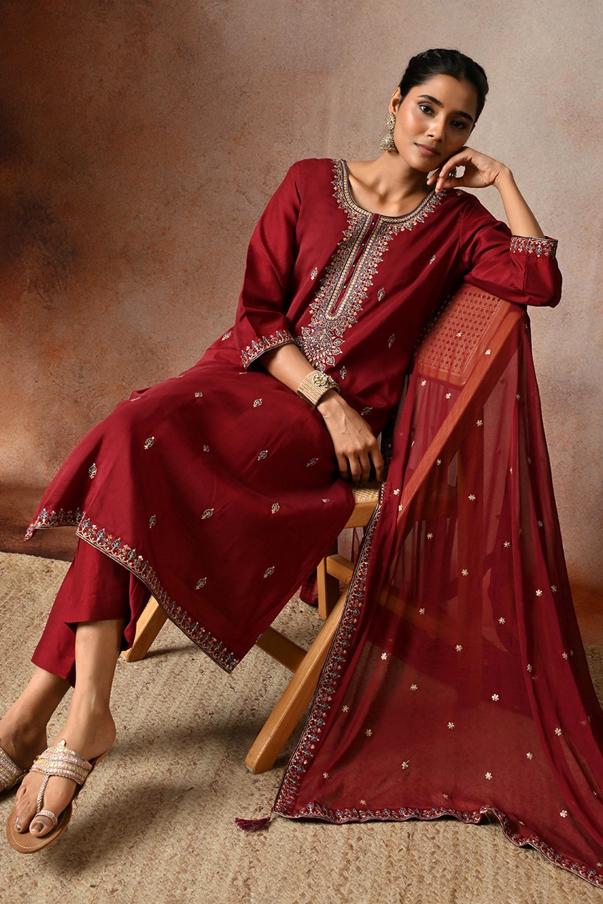 Maroon Zari Embroidered 3 Pcs Kurta Set