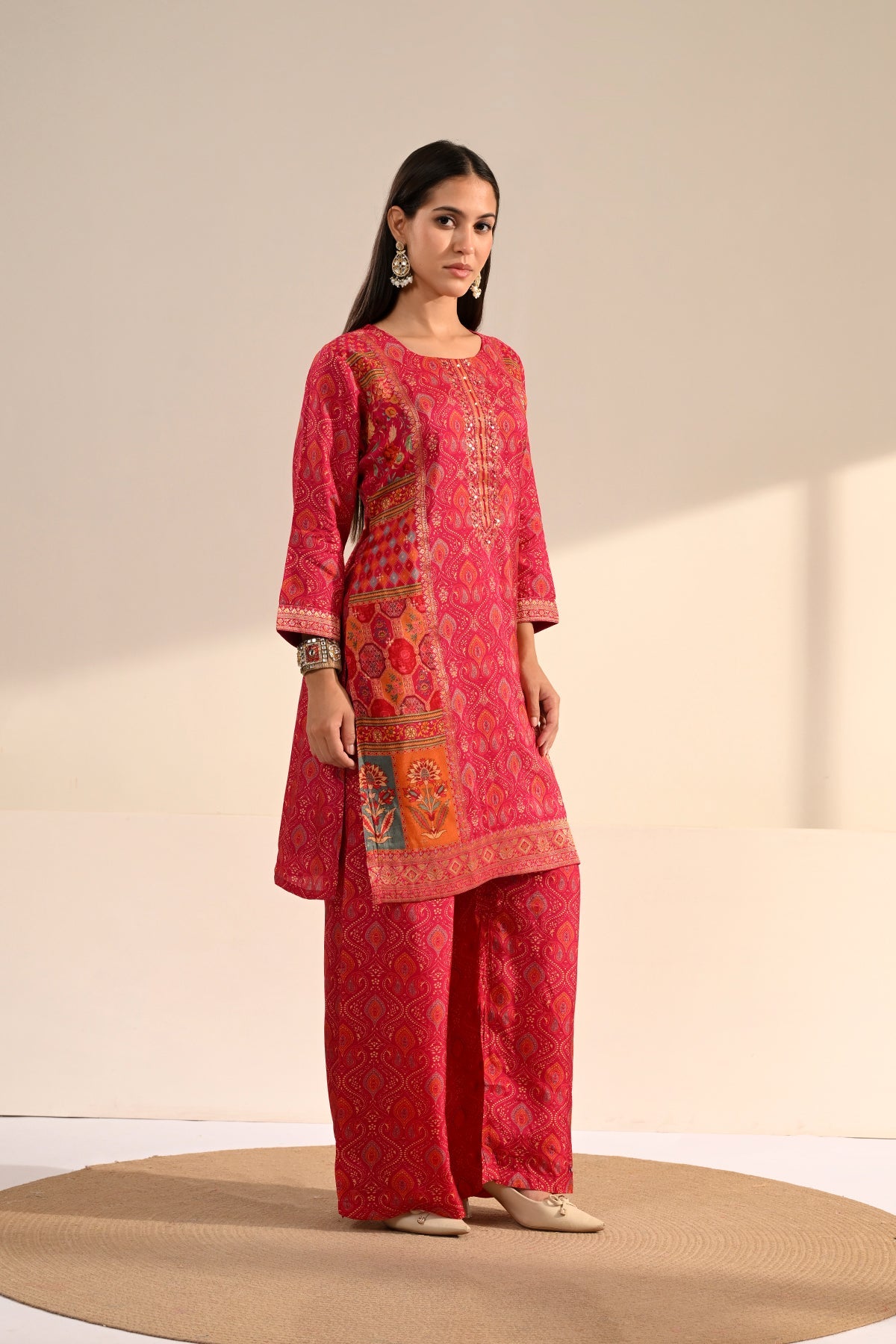 Pink Ajrakh & Bandhani Printed 3 Pcs Kurta Set