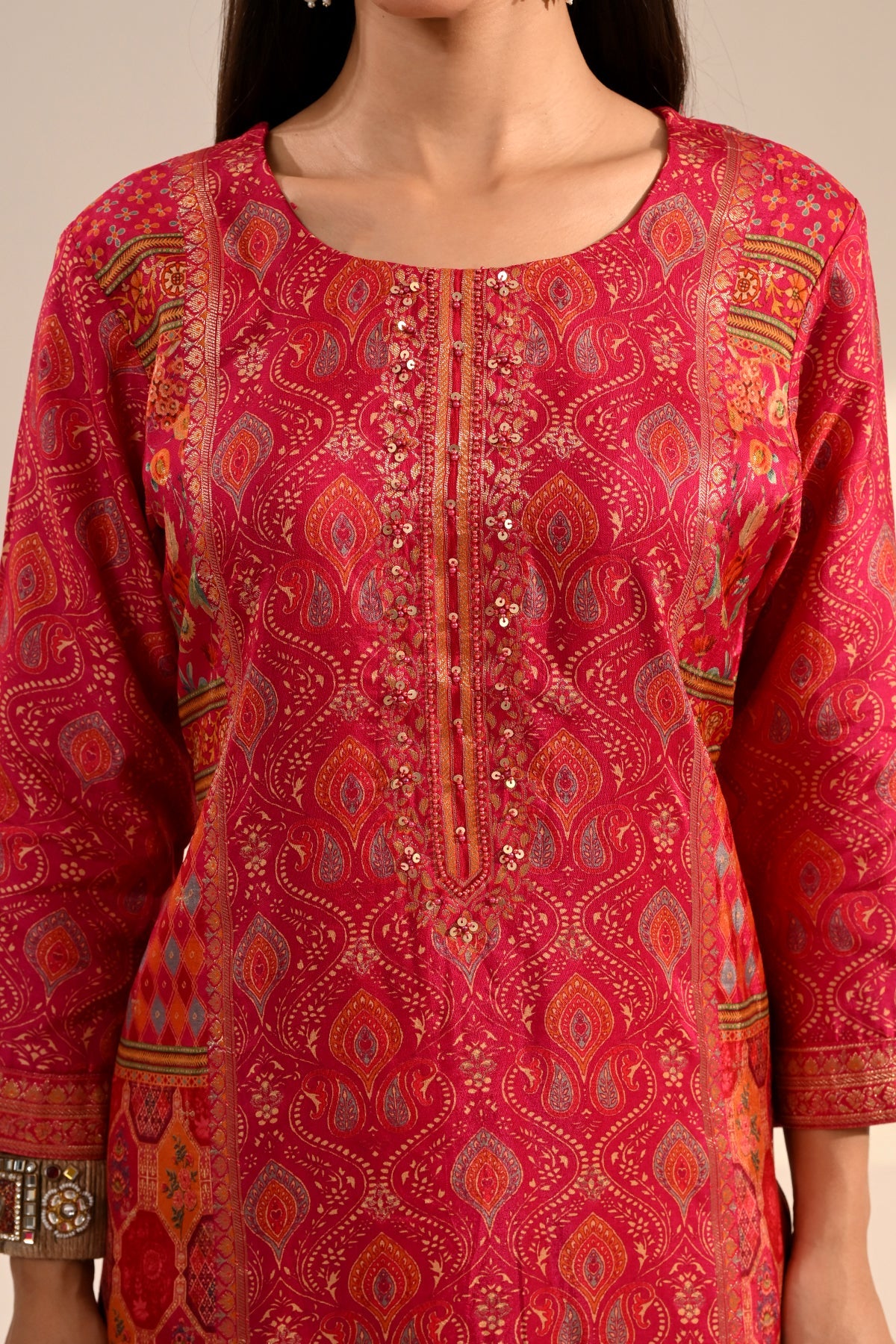 Pink Ajrakh & Bandhani Printed 3 Pcs Kurta Set