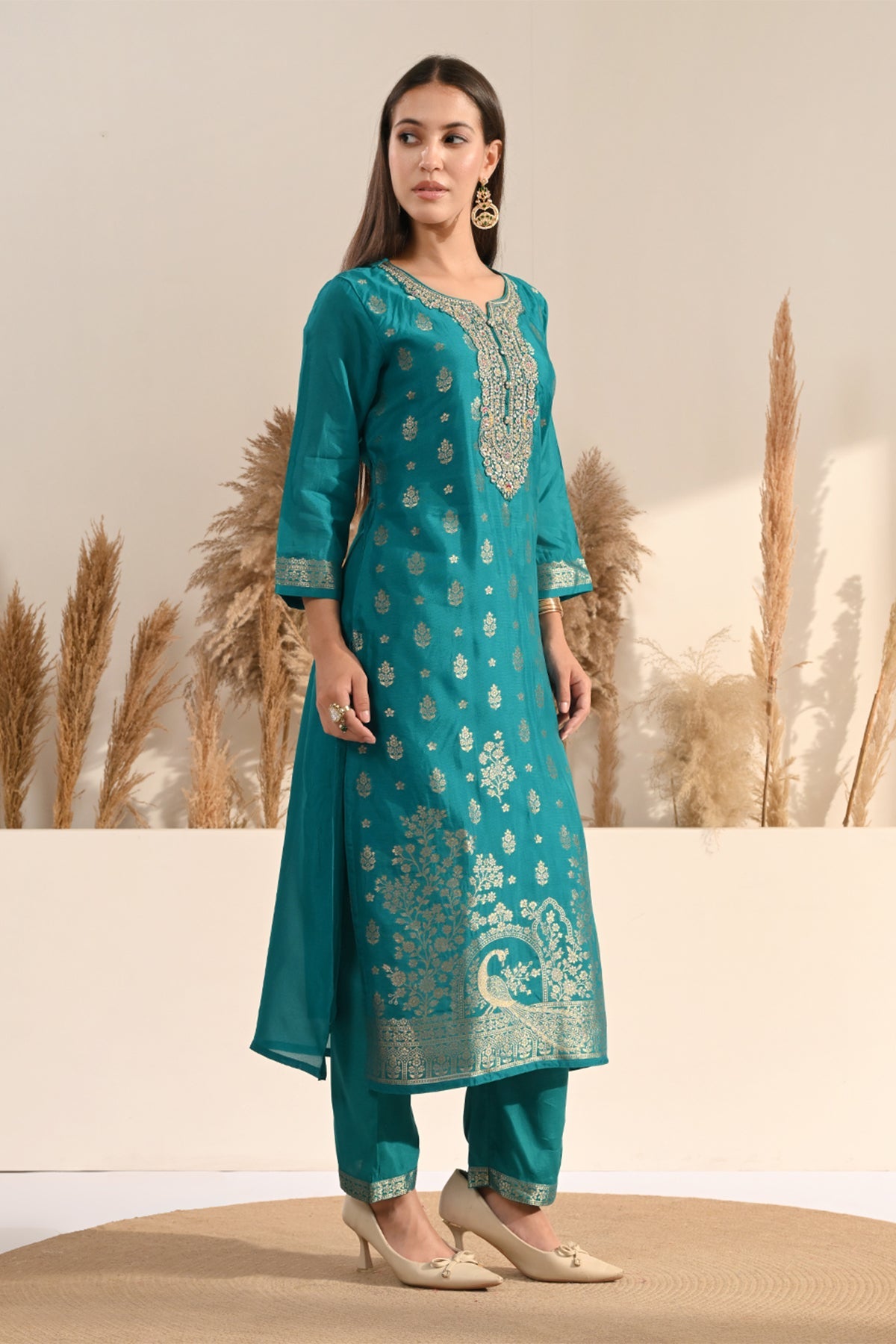 Firozi Sequin Embellished 3 Pcs Kurta Set