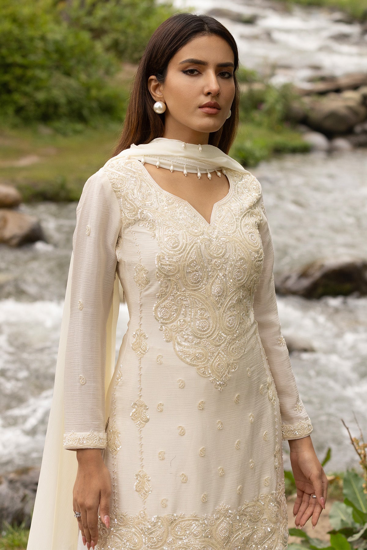 Cream Pearl Embellished 3 Pcs Kurta Set