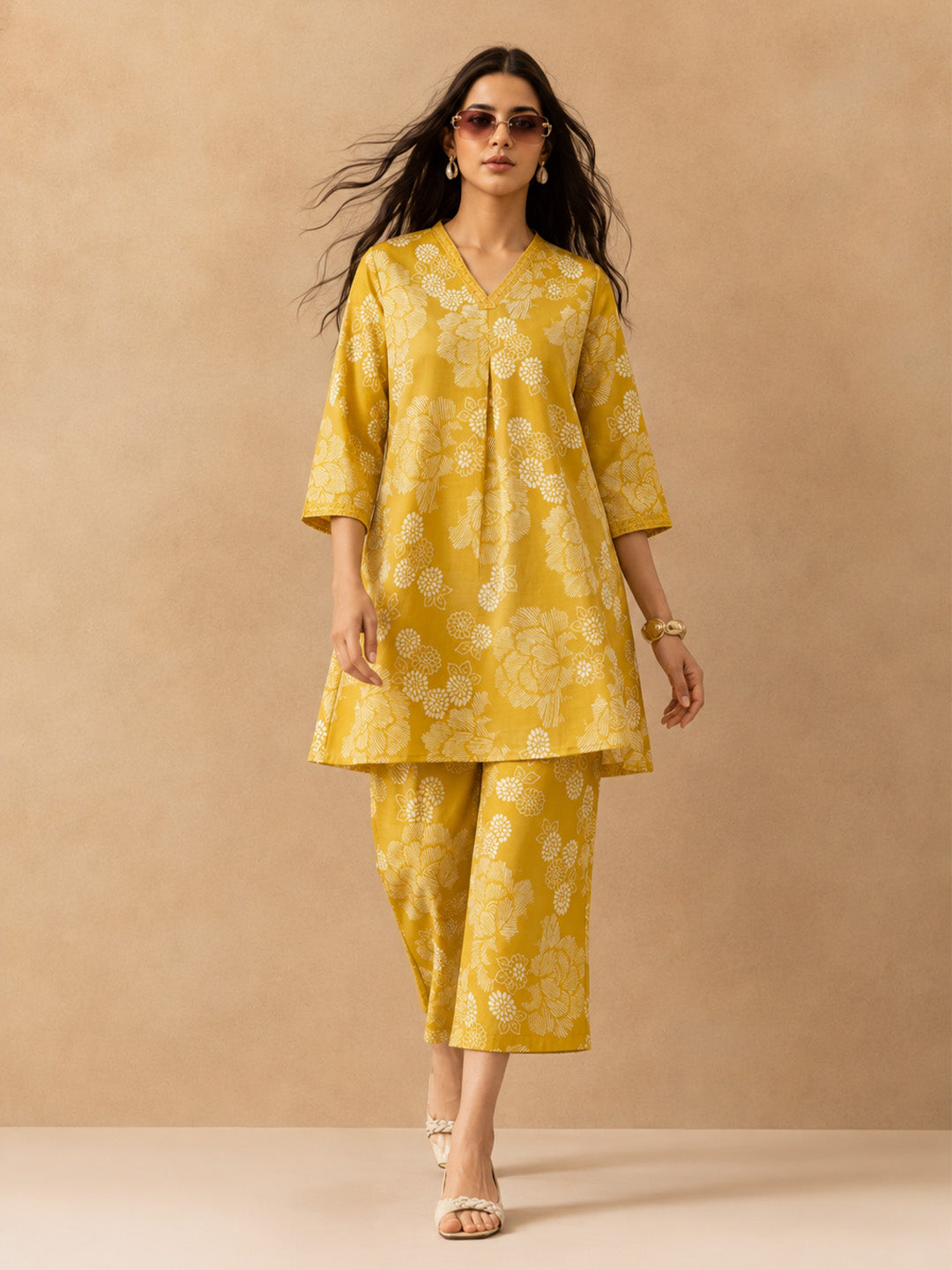 Yellow Printed A-line Kurta 2 Pcs Set